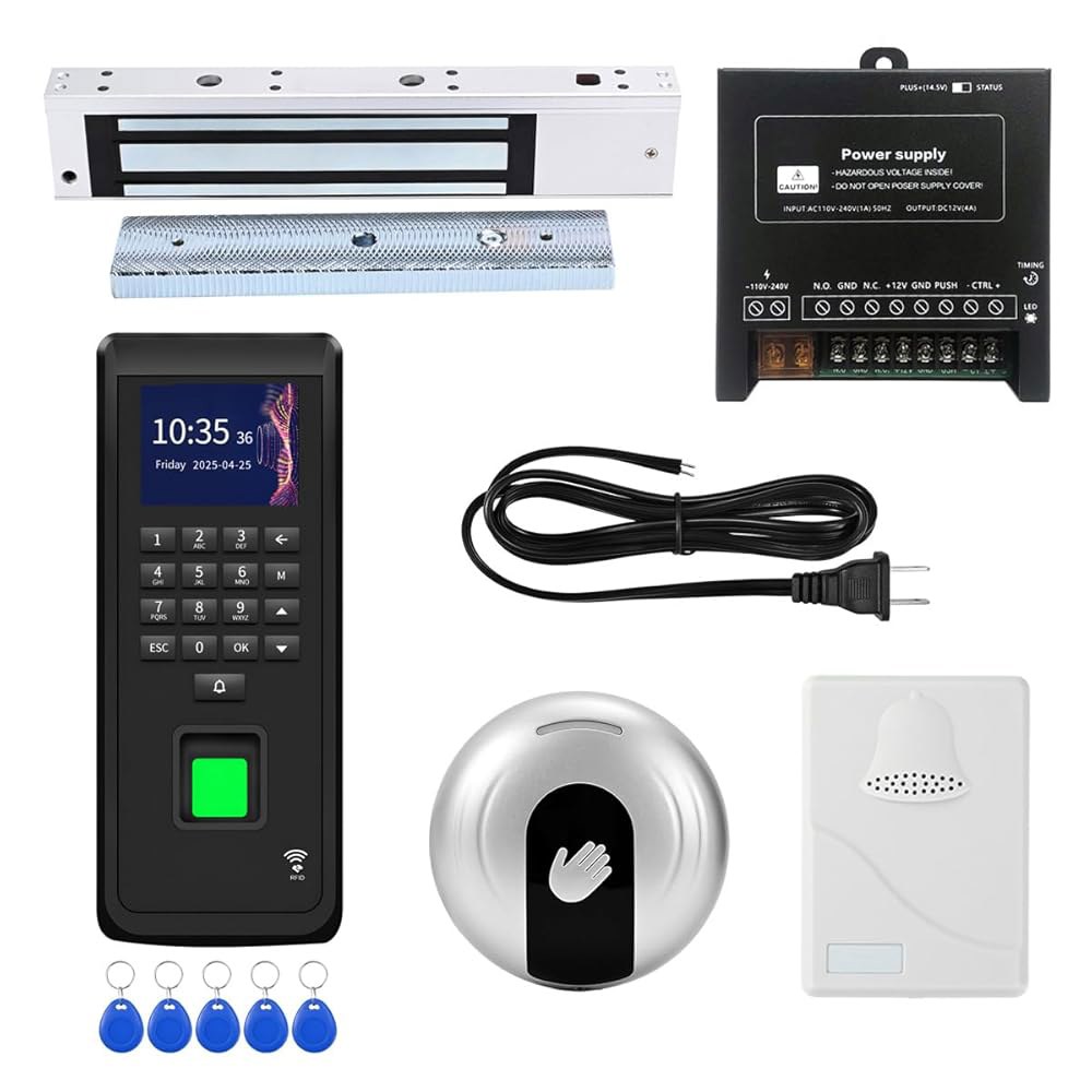 지문 스캐너, LCD 디스플레이 키패드, RFID 카드, 적외선 출구 버튼, 600파운드 마그네틱 잠금 기능이 있는 생체 인식 접근 제어 시스템 - 3000명의 사용자 및 출석 - 상품 이미지