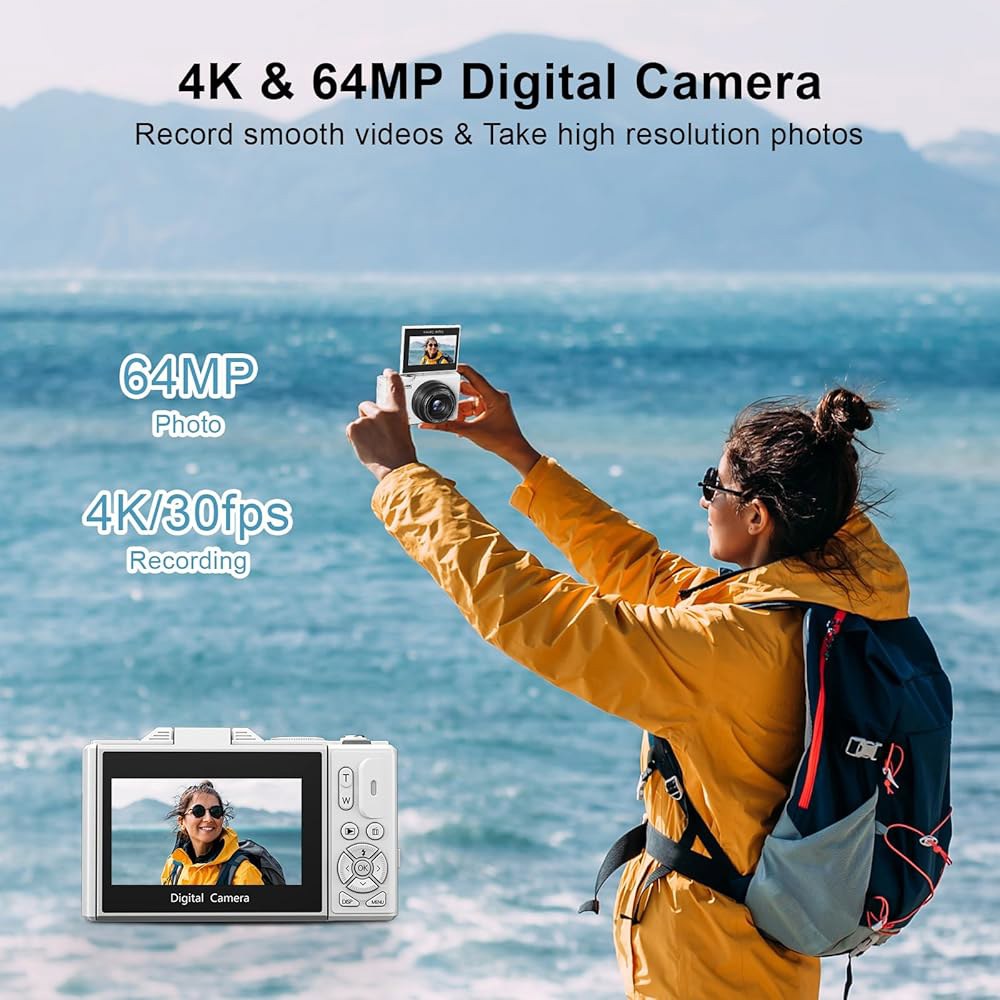 사진 촬영용 4K 디지털 카메라, 3인치 180 플립 스크린, 18배 줌 포인트, 초급용 32GB 마이크로 SD 카드(화이트)로 6400만 화소 유튜브 브이로그 카메라 제공 - 상세 이미지 2