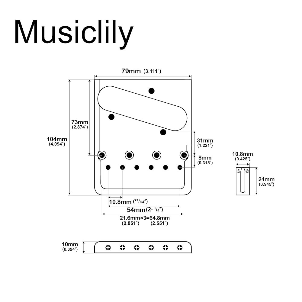 텔레 스타일 일렉트릭 기타, 크롬을 위한 Musicly Ultra 2-1/8인치 브라스 헤비 듀티 비대칭 텔레캐스터 브리지 Chrome - 상세 이미지 2