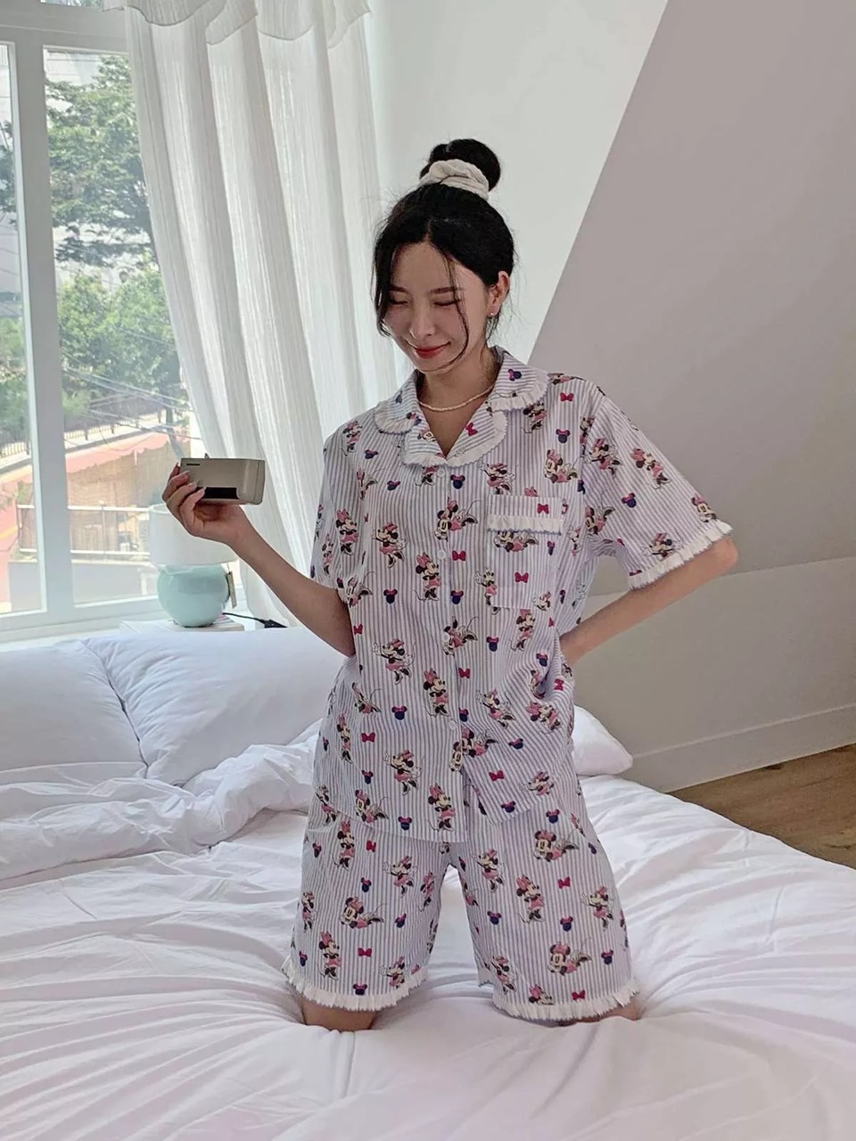 디즈니 미니 프릴 잠옷 세트 핑크 여자 반바지 여름 파자마 홈웨어 선물 커플 - 상세 이미지 2