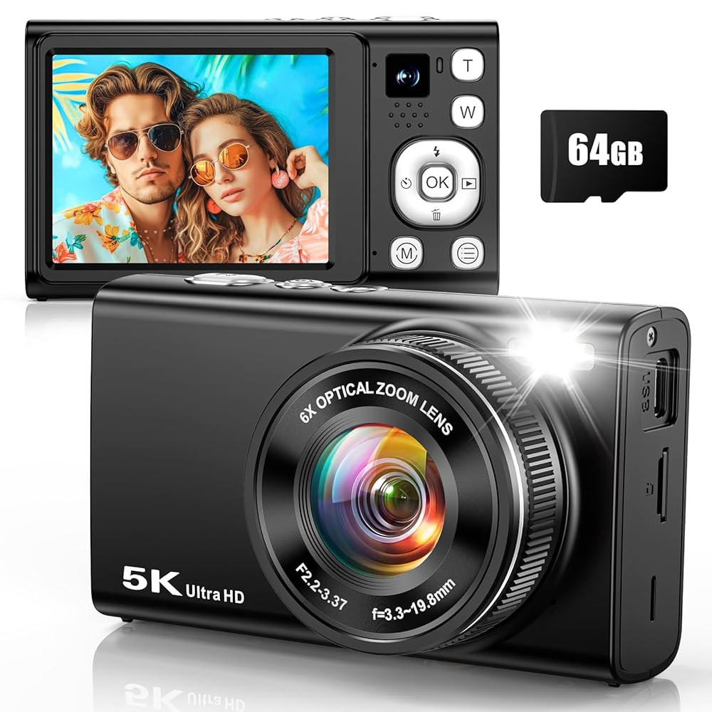 6배 광학 줌을 갖춘 5K 96MP 사진 촬영용 디지털 카메라, 듀얼 렌즈, 64GB 카드, 플래시, 흔들림 방지, 컴팩트 포인트 및 촬영 카메라를 유튜브용 오토포커스 브이로그 - 상품 이미지