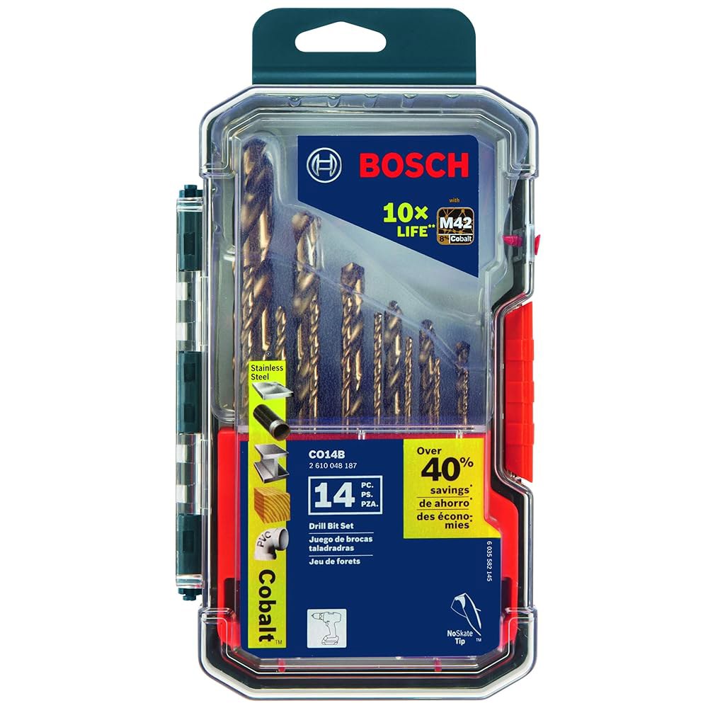 BOSCH CO14B 14피스 모듬 세트, 케이스 포함 - 스테인리스 스틸, 주철, 티타늄 및 경량 금속 시추용 3플랫 섕크가 있는 코발트 M42 드릴 비트 - 상품 이미지