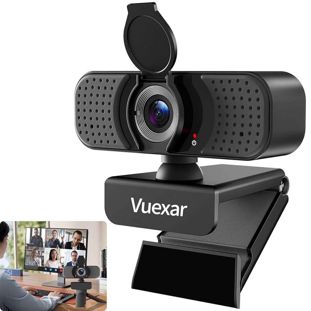 Vuexar 풀 HD 1080P 웹캠(마이크 포함), 노이즈 캔슬링, 프라이버시 커버, 광각 렌즈, 자동 조명 보정, 노트북, 데스크탑, PC, Mac, Zoom, Skype u2 - 상품 이미지