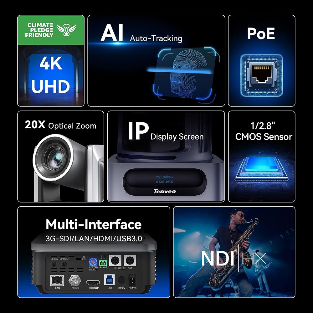 텐베오 4K NDI PTZ 카메라, AI 자동 추적, 20배 광학 줌, 3G-SDI USB3.0 HDMI LAN PoE IP 라이브 스트리밍 교회 예배 행사 방송 비디오 컨퍼런스 - 상세 이미지 3