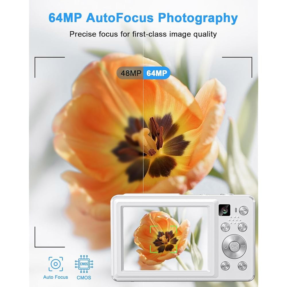 4K 디지털 카메라, 64MP 자동 초점 및 촬영 카메라(전면 후면 플래시, 16배 줌, 32GB 카드, 배터리 2개, 청소년 초보자를 위한 컴팩트 브이로그 카메라) Black - 상세 이미지 2