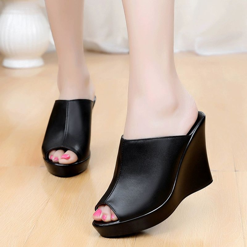 굽높은 구두 웨지힐 슬리퍼 토오픈 블랙 힐 높이 10CM - 상품 이미지