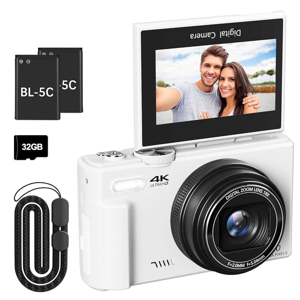 사진 촬영용 4K 디지털 카메라, 3인치 180 플립 스크린, 18배 줌 포인트, 초급용 32GB 마이크로 SD 카드(화이트)로 6400만 화소 유튜브 브이로그 카메라 제공 - 상품 이미지