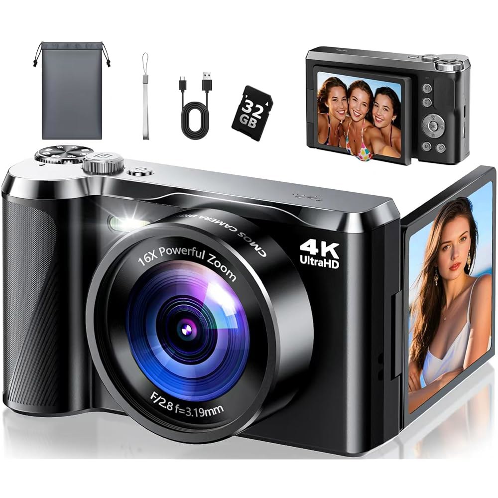 사진 및 여행용 4K 디지털 카메라, 3인치 180 플립 스크린, 16배 줌, 컴팩트 포인트 초보자를 위한 촬영 32GB 카드 포함 5,600만 화소 오토포커스 브이로그 카메라 - 상품 이미지