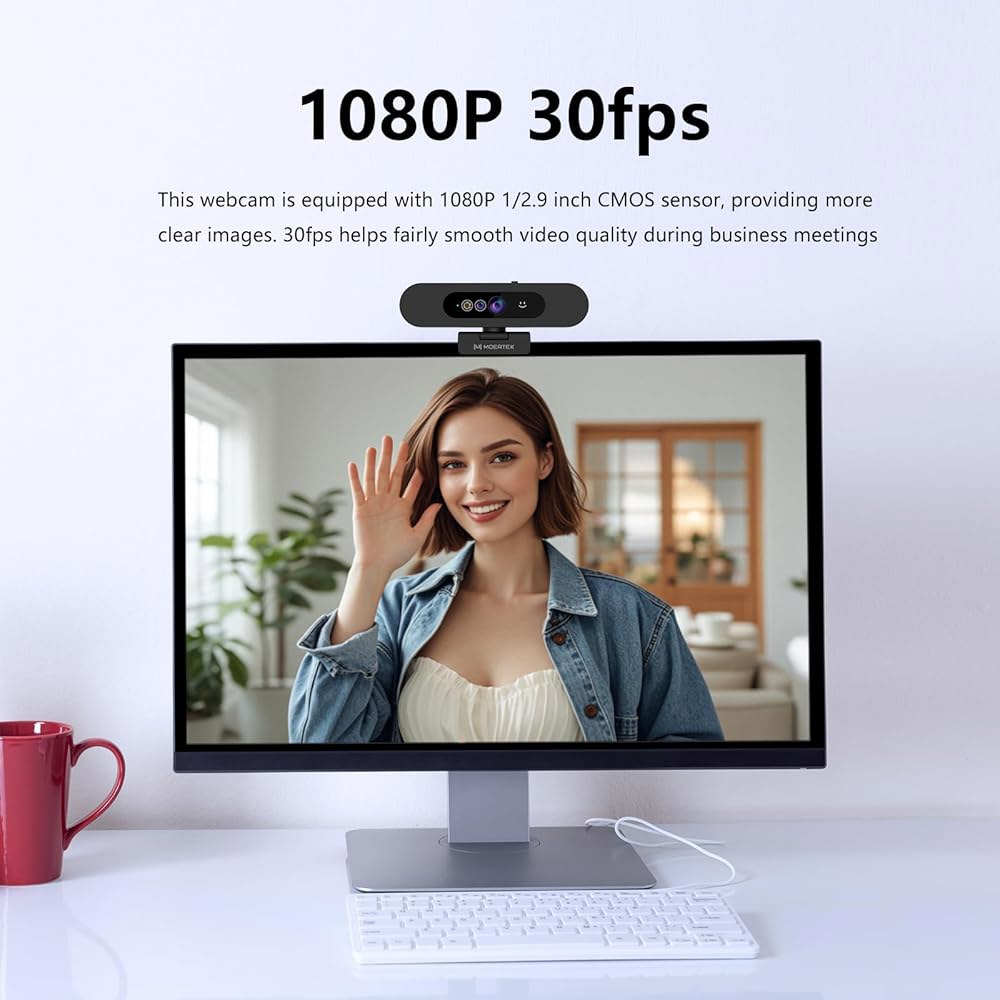 MOERTEK 윈도우 헬로 웹캠, 1080P 30fps 카메라, 소음 감소 마이크, 플러그 앤 플레이, 90 광각, 내장 프라이버시 커버, 360 회전 및 기울기, Zoom, Go - 상세 이미지 3