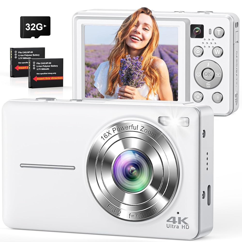 4K 디지털 카메라, 64MP 자동 초점 및 촬영 카메라(전면 후면 플래시, 16배 줌, 32GB 카드, 배터리 2개, 청소년 초보자를 위한 컴팩트 브이로그 카메라) Black - 상품 이미지