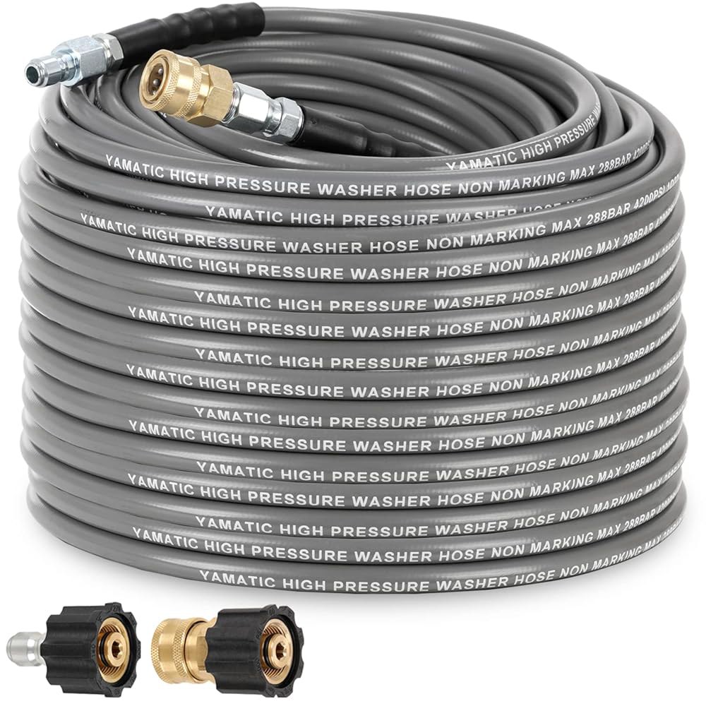YAMATIC 비표시 1/4 4200 PSI 압력 세척 호스 100 FT, 온수/냉수 고무 와이어 브레이드, 킨크 저항 회전 빠른 연결, 파워 세척기 산업 등급, 슈퍼 마모 방지 - 상품 이미지