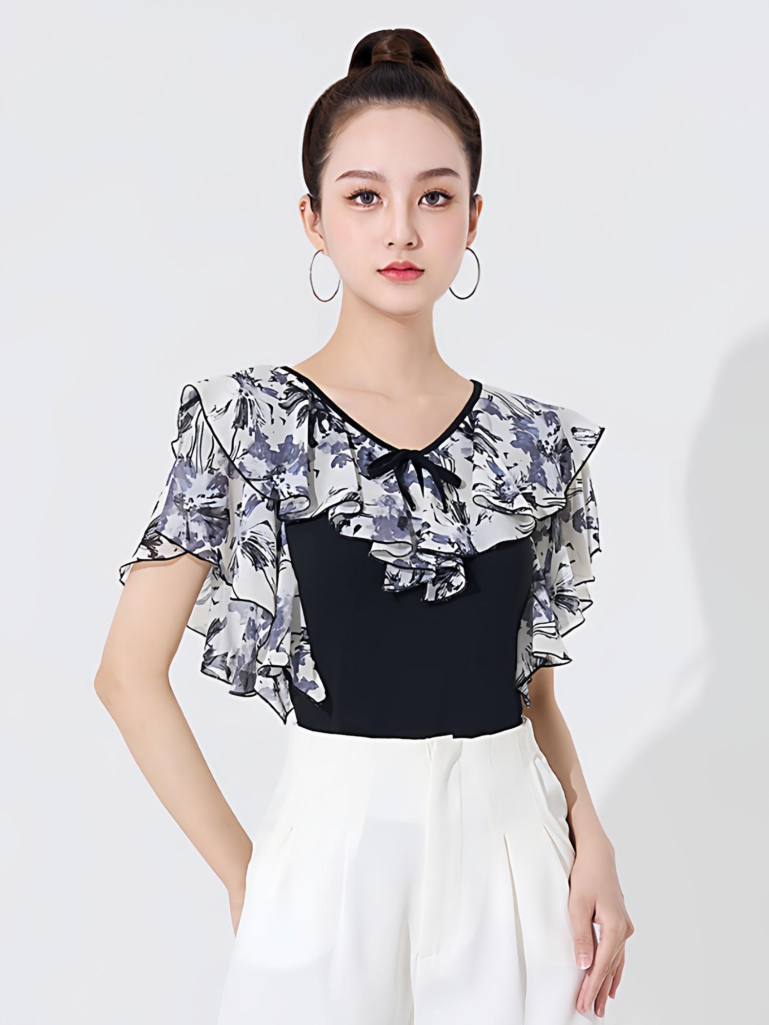 라인댄스상의 쉬폰 댄스복 왈츠 여름 라틴 상의 반팔 블라우스티 탱고 자이브 - 상품 이미지