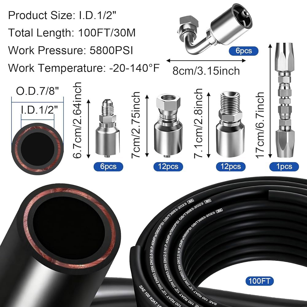 100피트 1/2인치 유압 호스(36Pc 피팅 및 호스 수리 키트 포함), 3980Psi 코일 라인(고장력 강철 와이어 브레이드 2개 고무 유연 오일 -20 C ~ 140 - 상세 이미지 3