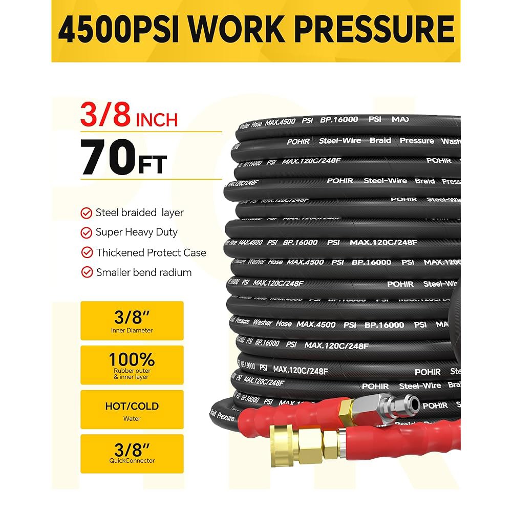 POHIR 3/8인치 압력 세척 호스 4500PSI, 스위블 퀵 커넥트 및 M22 어댑터 세트가 포함된 70피트 파워 스틸 와이어, 상업용 등급의 산업용 고압수 - 상세 이미지 2