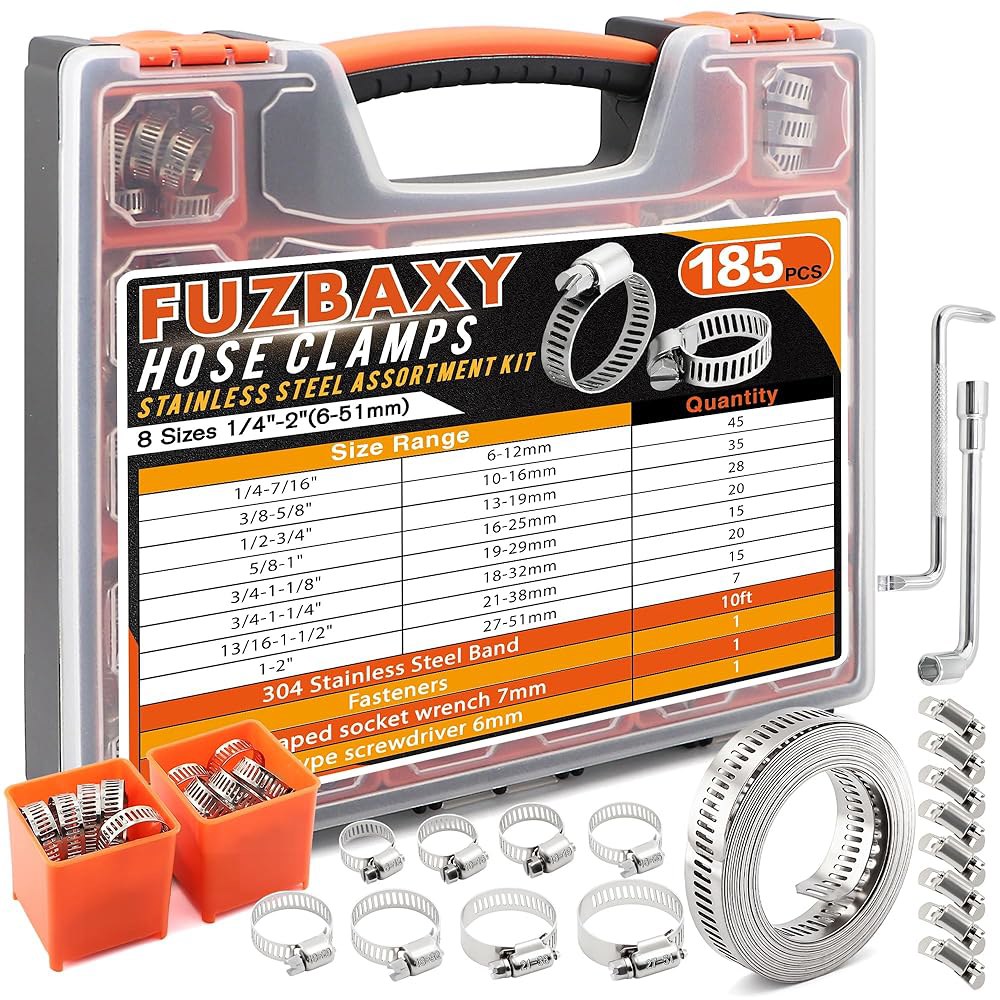 185PCS 304 스테인리스 스틸 웜 기어 호스 클램프, 1/4 -2 (6-51mm) 클램프 모음, 안전한 배관, 자동차 연료 라인, 냉각수 호스, 진공 산업용 고정 장치 9.8 - 상품 이미지