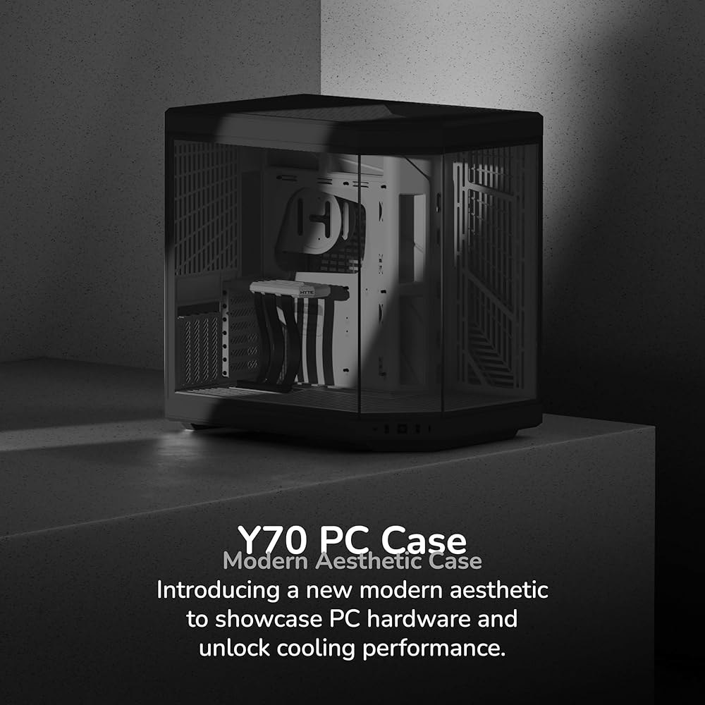 Hite Y70 업그레이드된 모던 에스테틱 듀얼 챔버 강화 유리 미드 타워 ATX 컴퓨터 게이밍 케이스, PCIE 4.0 라이저 케이블 포함, 블랙(CS-HYTE-Y70-B) - 상세 이미지 2