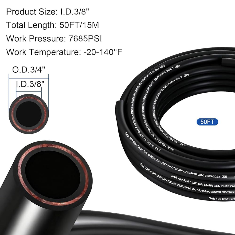 50피트 3/8인치 유압 호스, 4780Psi 코일형 라인, 2개의 고장력 강철 와이어 브레이드, 고무 플렉시블 오일 호스 -20 C ~ 140 50Ft X 1/4 - 상세 이미지 3