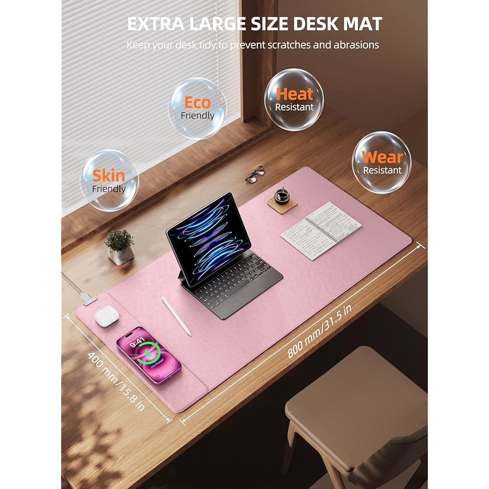 15W 무선 충전 기능이 있는 탑메이드 마우스 패드, XXL 대형 가죽 책상 매트, 방수 게이밍 패드 홈 오피스 프로텍터, 핑크(20W PD 전원 어댑터 및 6.56피트 직조 케이 - 상세 이미지 3