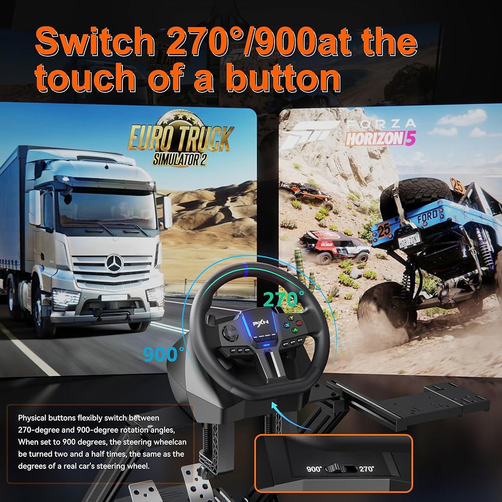 PC, PS4, Xbox 및 Switch u2013 270 /900 USB 심 레이싱 휠, 패들 시프터 2 페달, 진동 피드백, APP 지원 페달 작동 RGB 조명용 PXN V90 - 상세 이미지 3