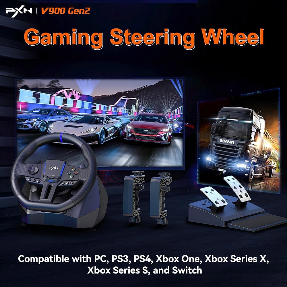 PC, PS4, Xbox 및 Switch u2013 270 /900 USB 심 레이싱 휠, 패들 시프터 2 페달, 진동 피드백, APP 지원 페달 작동 RGB 조명용 PXN V90 - 상세 이미지 2