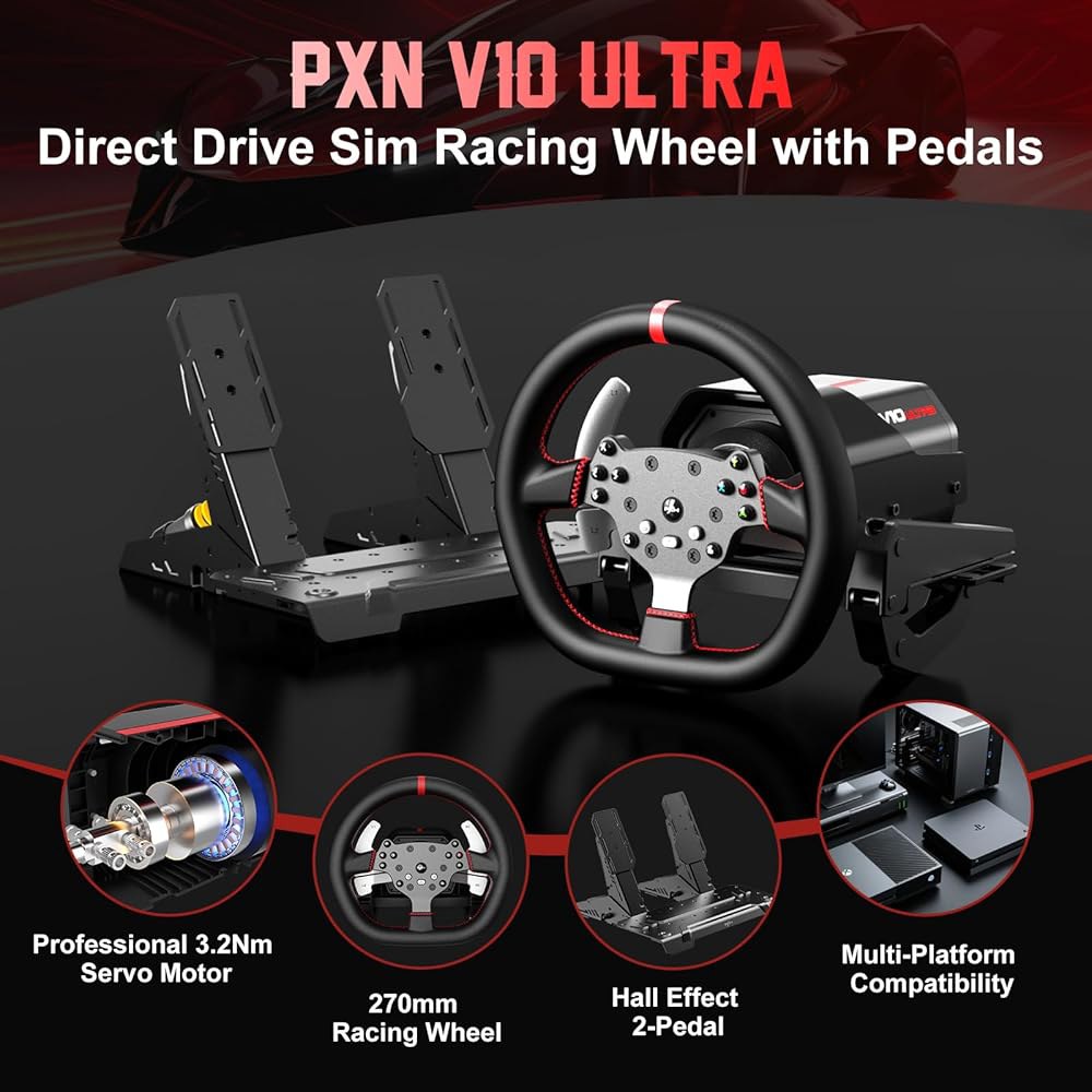 PC, PS4 및 Xbox u2013을 위한 PXN V10 울트라 다이렉트 드라이브 레이싱 휠 3.2Nm 포스 피드백 게이밍 스티어링 휠, 4개의 패들 시프터 홀 이펙트 2 페달 - 상세 이미지 2