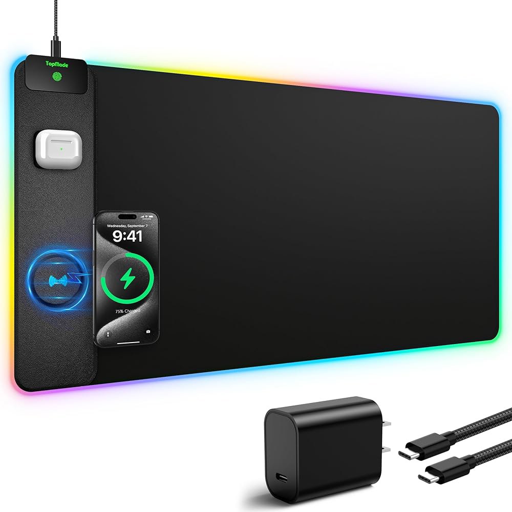 TopMade 무선 충전 마우스 패드, RGB 게이밍 패드 홈 오피스 데스크 31.5 u201D x 15.8 XXL 대형 매트, 방수 키보드 블랙(20W PD 전원 어댑터 및 6. - 상세 이미지 2