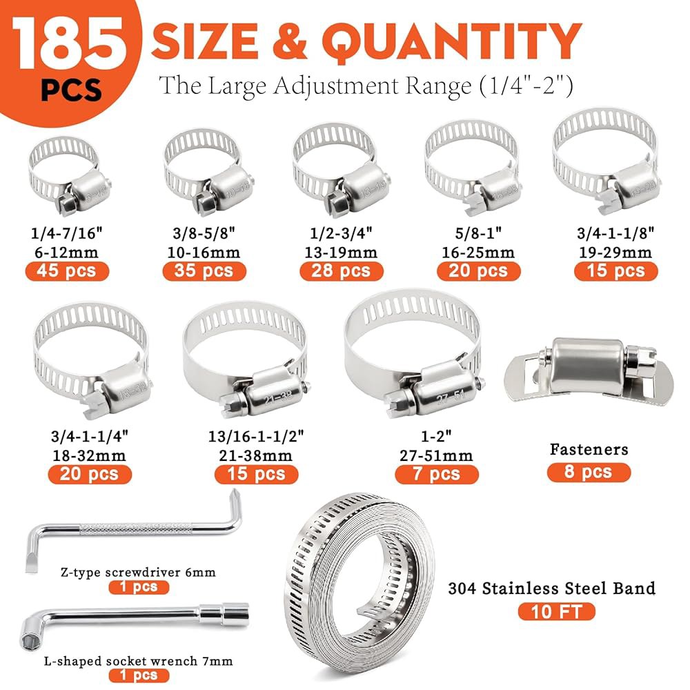 185PCS 304 스테인리스 스틸 웜 기어 호스 클램프, 1/4 -2 (6-51mm) 클램프 모음, 안전한 배관, 자동차 연료 라인, 냉각수 호스, 진공 산업용 고정 장치 9.8 - 상세 이미지 3