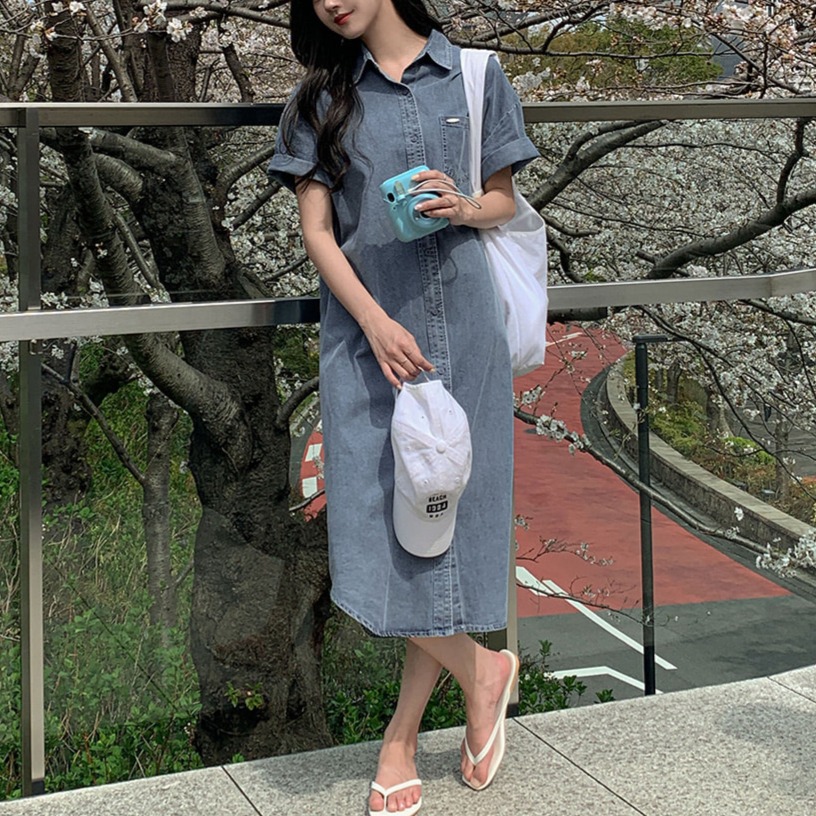 프론트 포켓 코튼 데님 반팔 셔츠 원피스 이미지 6