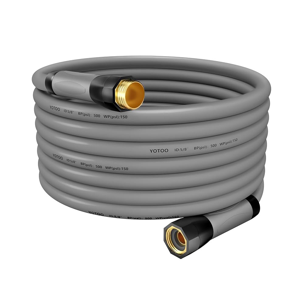 YOTOO 헤비 듀티 하이브리드 가든 워터 호스 5/8인치 x 50피트 150PSI 킨크 저항성, 스위블 그립 핸들과 3/4인치 GHT 솔리드 황동 피팅, 그레이 - 상품 이미지