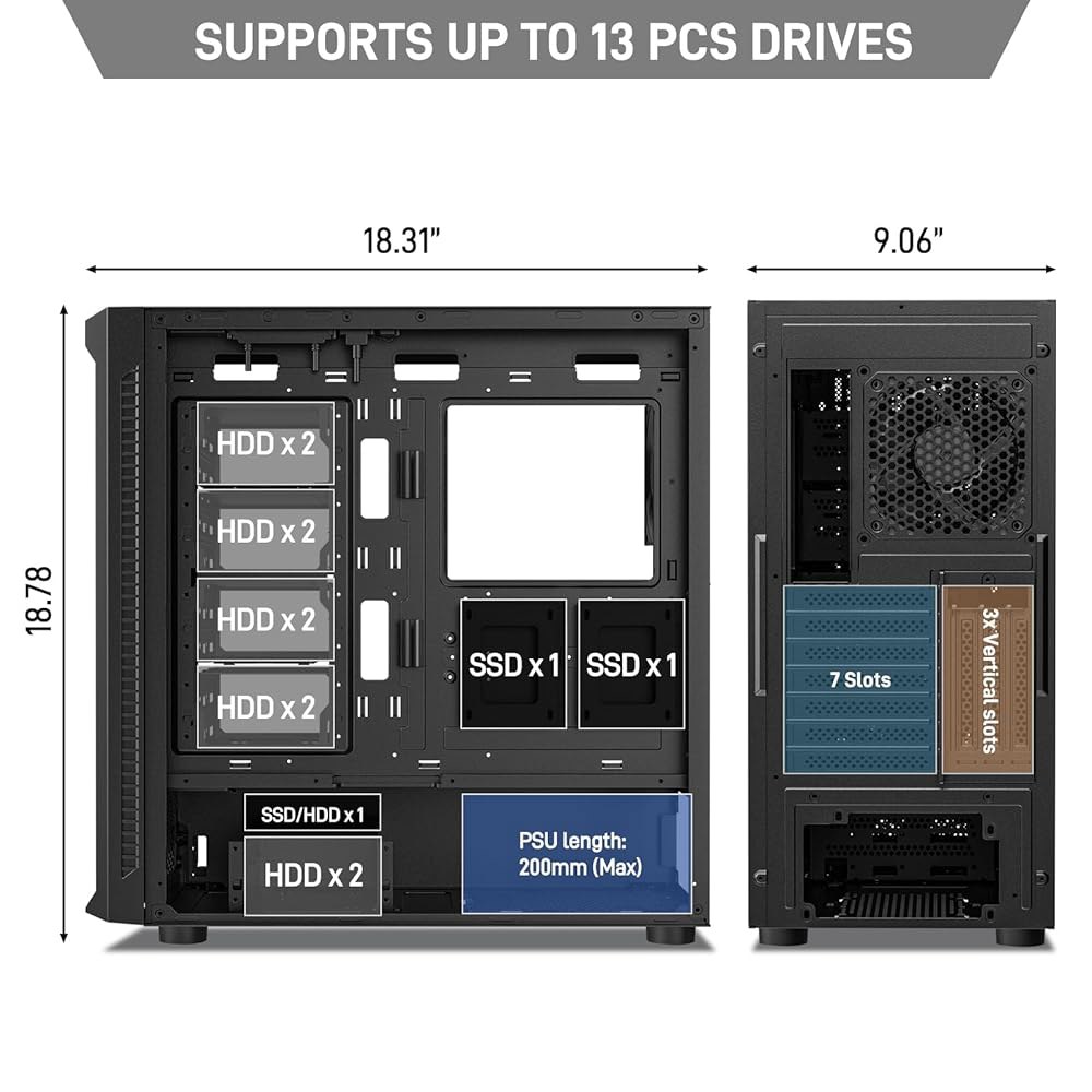 다크락 클래식코 맥스 스토리지 마스터 E-ATX 컴퓨터 케이스, 4x120mm 블랙 팬, 10x3.5 HDD+3 x2.5 SDD USB 3.0 준비, 360mm 라디에이터 지원, - 상세 이미지 3