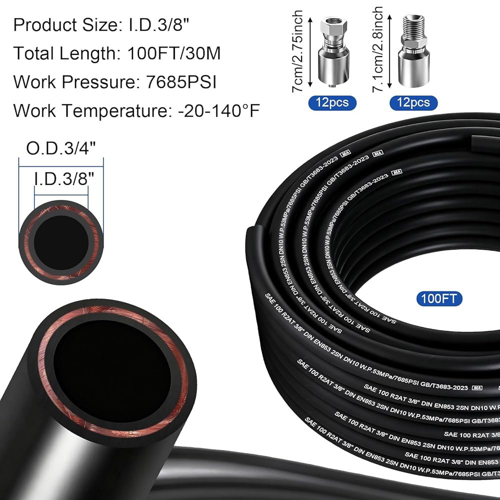 100피트 3/8인치 유압 호스(24Pc 피팅 포함), 4780Psi 코일 라인(고장력 강철 와이어 브레이드 2개 고무 유연 오일 호스 -20 C ~ 140 - 상세 이미지 3