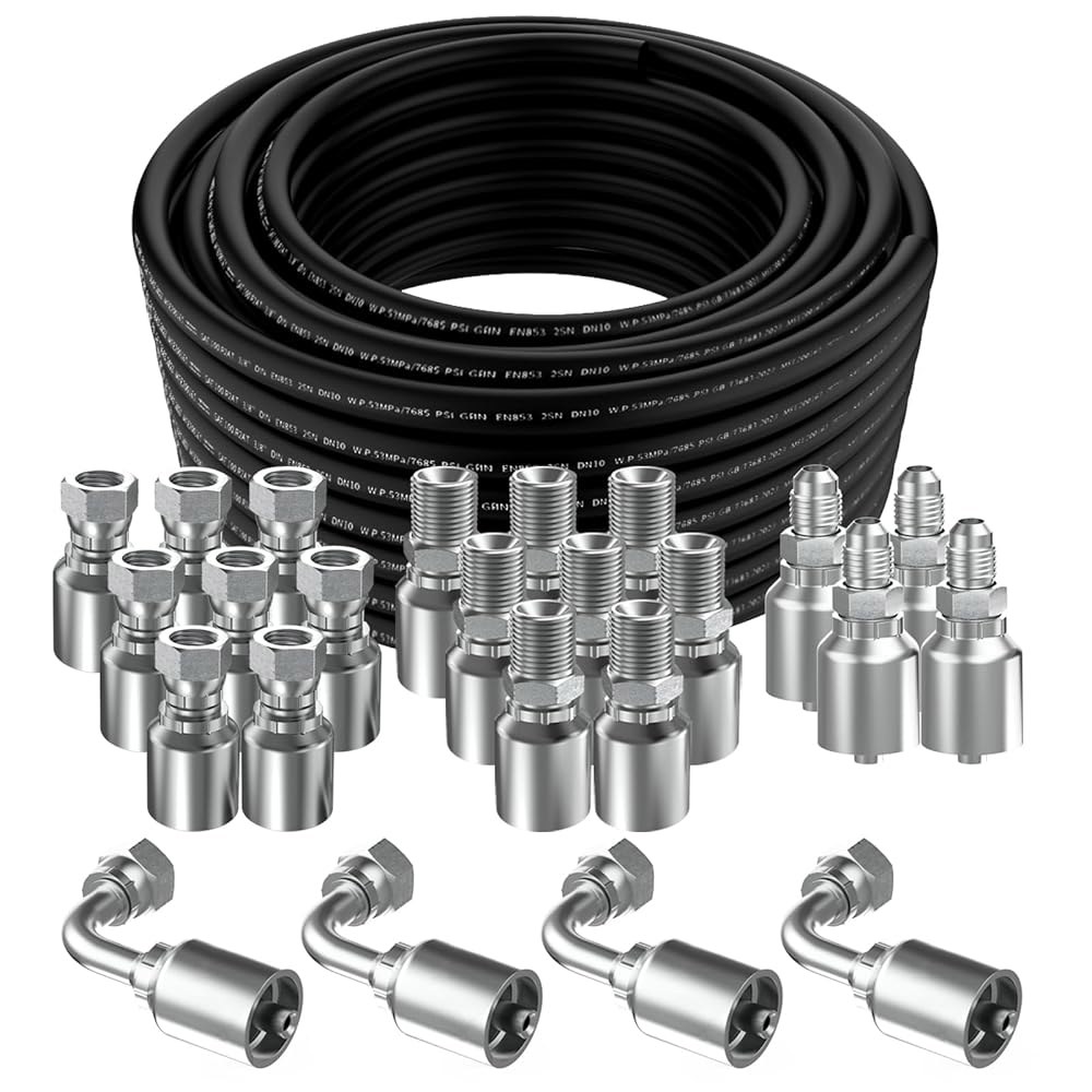 100피트 3/8인치 유압 호스, 24Pcs NPTF 수컷 및 JIC 37 암컷 90 팔꿈치 호스 피팅 W.P.53MPa / 7685PSI 30Ft 1/2 Hose - 상품 이미지