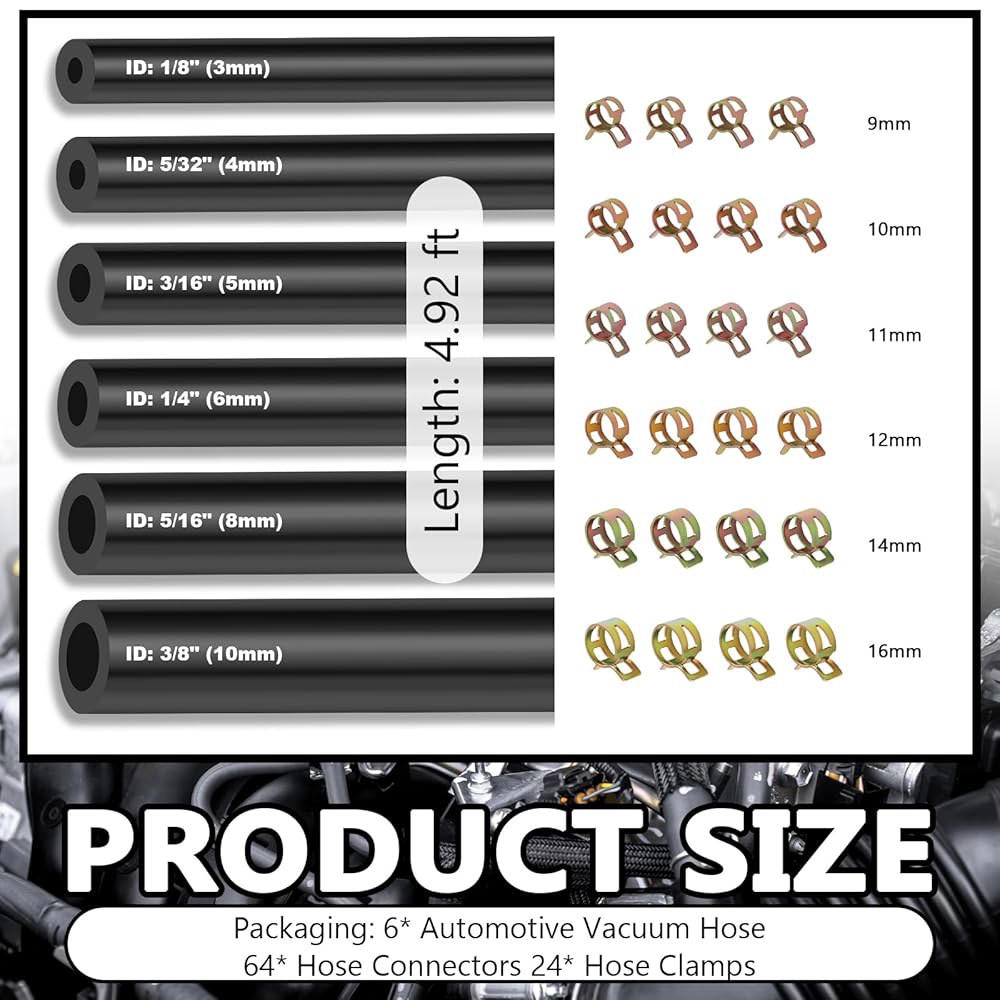 94PCS 5피트 진공 호스 자동차 세트, 6가지 크기, 3/8인치, 5/16인치, 1/4인치, 3/16인치, 5/32인치, 1/8인치 실리콘 라인 키트, 64개의 커넥터와 24개 - 상세 이미지 2