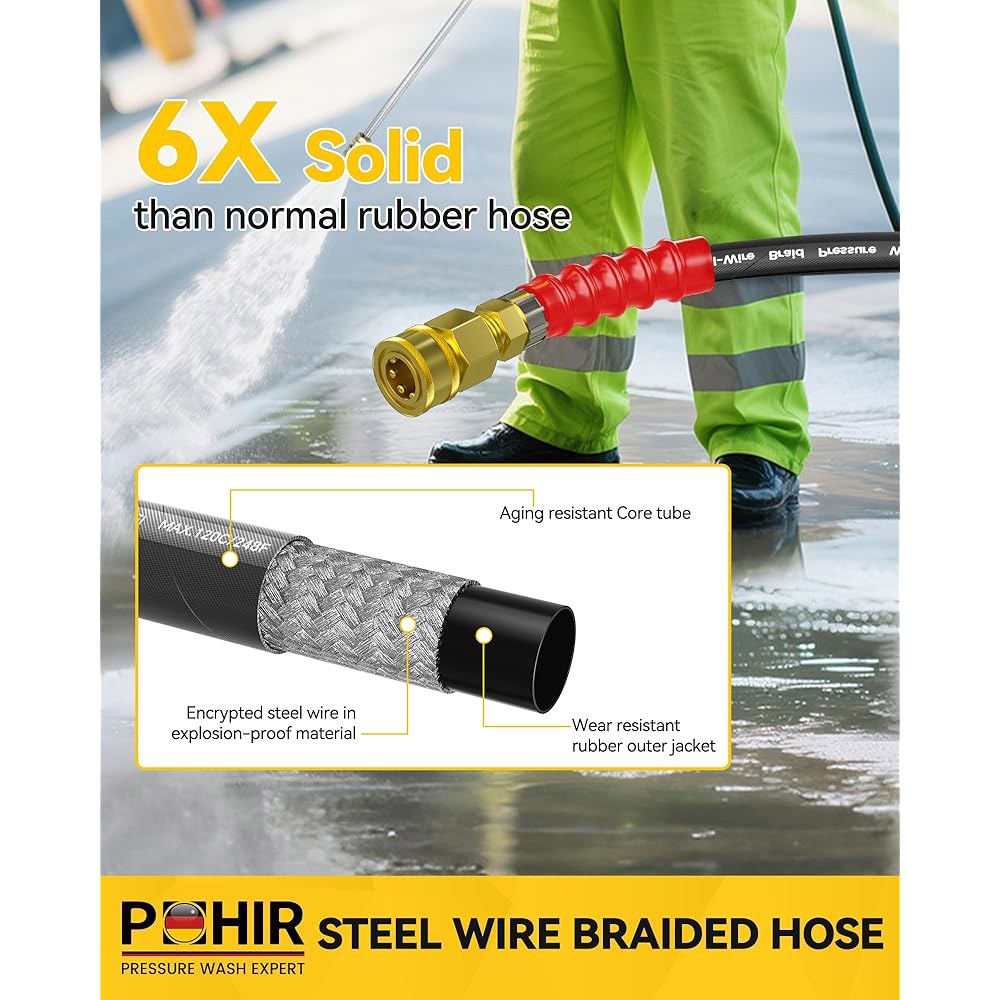 POHIR 3/8인치 압력 세척 호스 4500PSI, 스위블 퀵 커넥트 및 M22 어댑터 세트가 포함된 70피트 파워 스틸 와이어, 상업용 등급의 산업용 고압수 - 상세 이미지 3