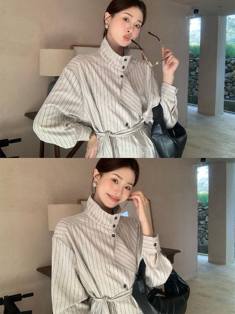 스트라이프 하이넥 셔츠 타이 레이스 여성 긴팔 블라우스 자켓 남방 주얼리 얕은 색 S - 상세 이미지 3
