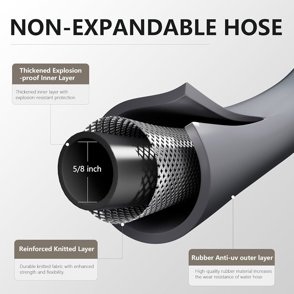 가든 호스 5/8 x 25피트 - 황동 고무 헤비 듀티 워터 600 PSI 버스트 압력, 야드, 세차장, 애완동물 그레이용 내구성 있는 유연한 5FT Black - 상세 이미지 3