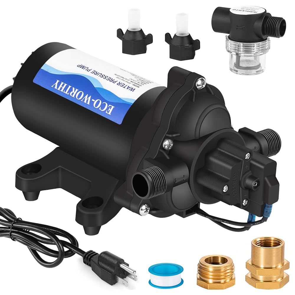 33시리즈 산업용 수압 펌프 110V AC 4.0GPM 50PSI RV 담수 다이어프램 펌프에는 관개용 해양 보트 스프링클러 수도꼭지용 정원 호스 어댑터가 포함되어 있습니다 - 상품 이미지
