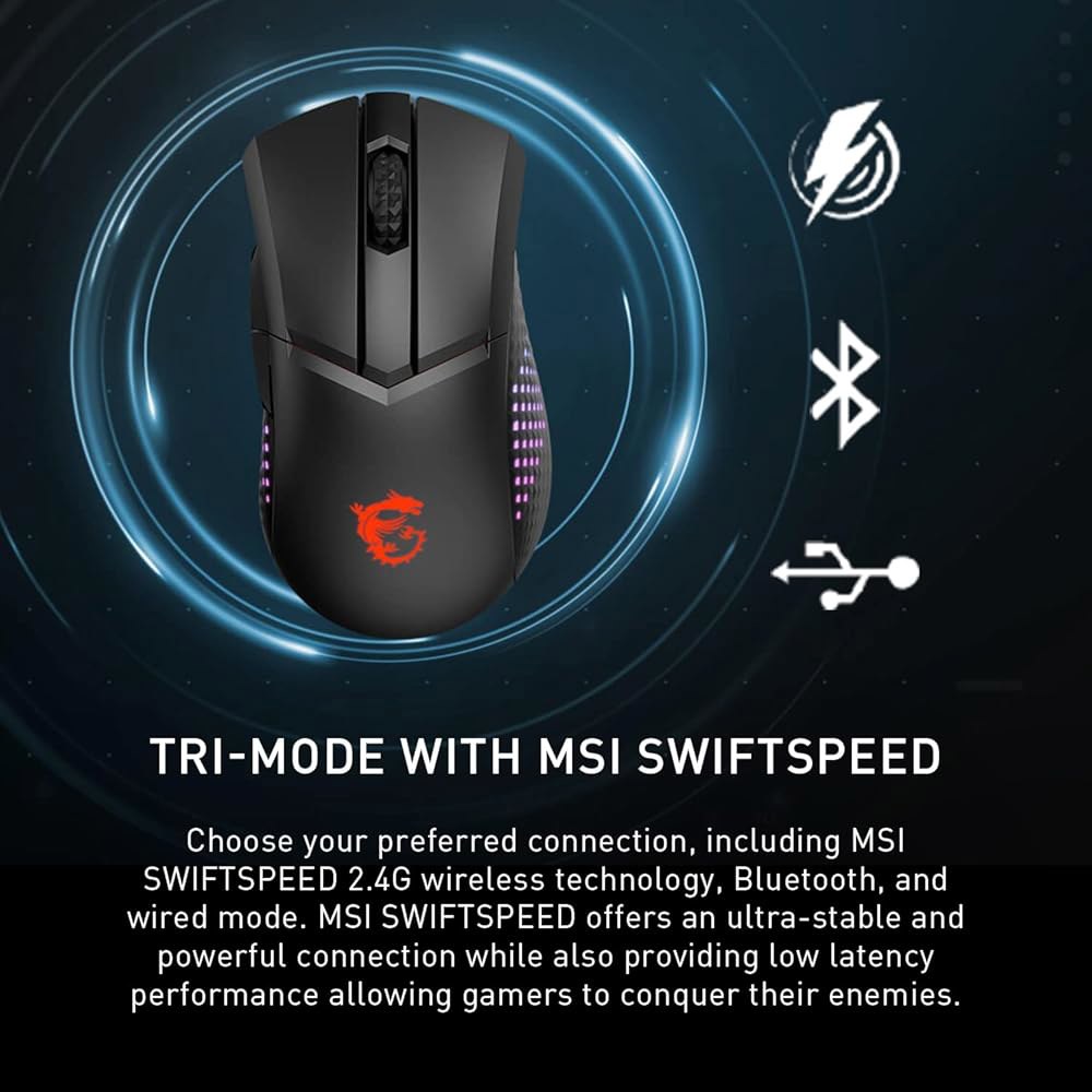 MSI 클러치 GM51 경량 무선 게이밍 마우스 및 충전 도크, 26K DPI 광학 센서, 2.4G 블루투스, 60M 오므론 스위치, 고속 충전, 150시간 배터리, RGB, 5개 - 상세 이미지 3
