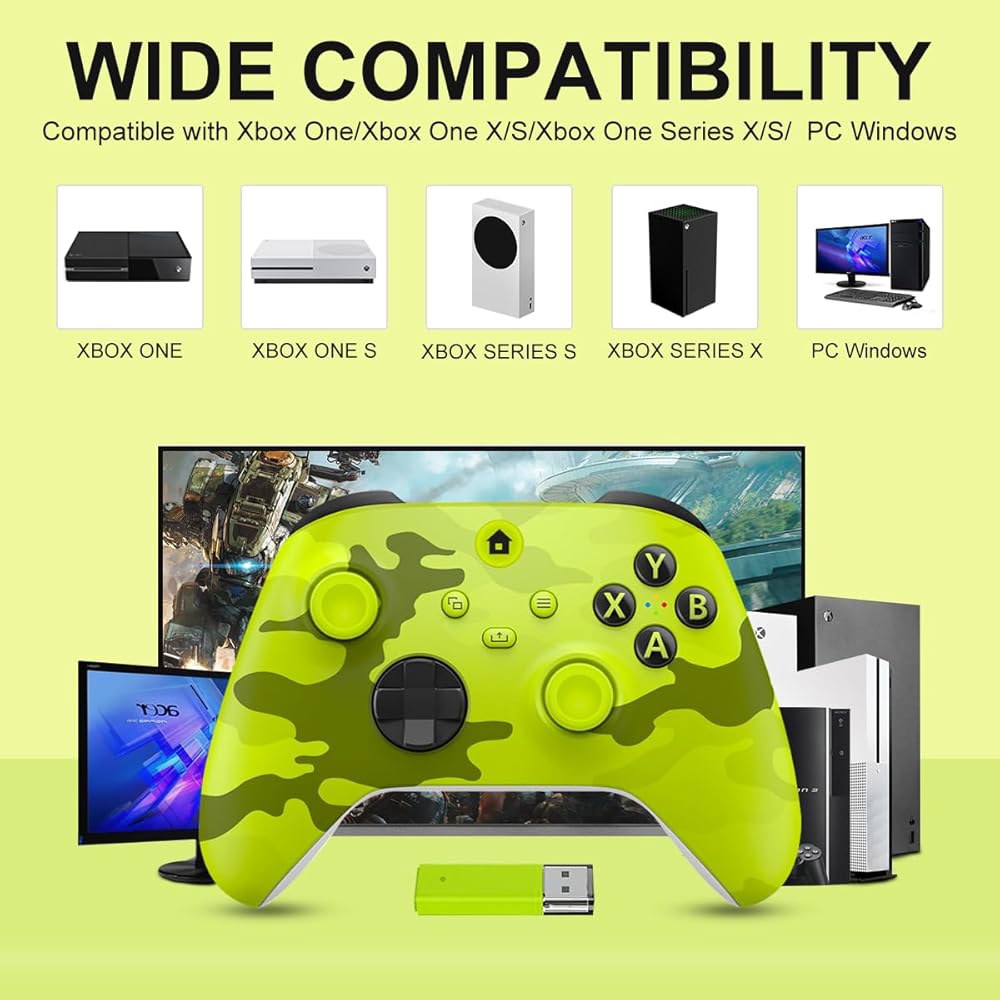 BUERTT Xbox One 컨트롤러, One용 컨트롤러 무선, Series X/S, 3.5mm 오디오 잭 포함 무선 2.4GHz 어댑터, Camo Yellow - 상세 이미지 2