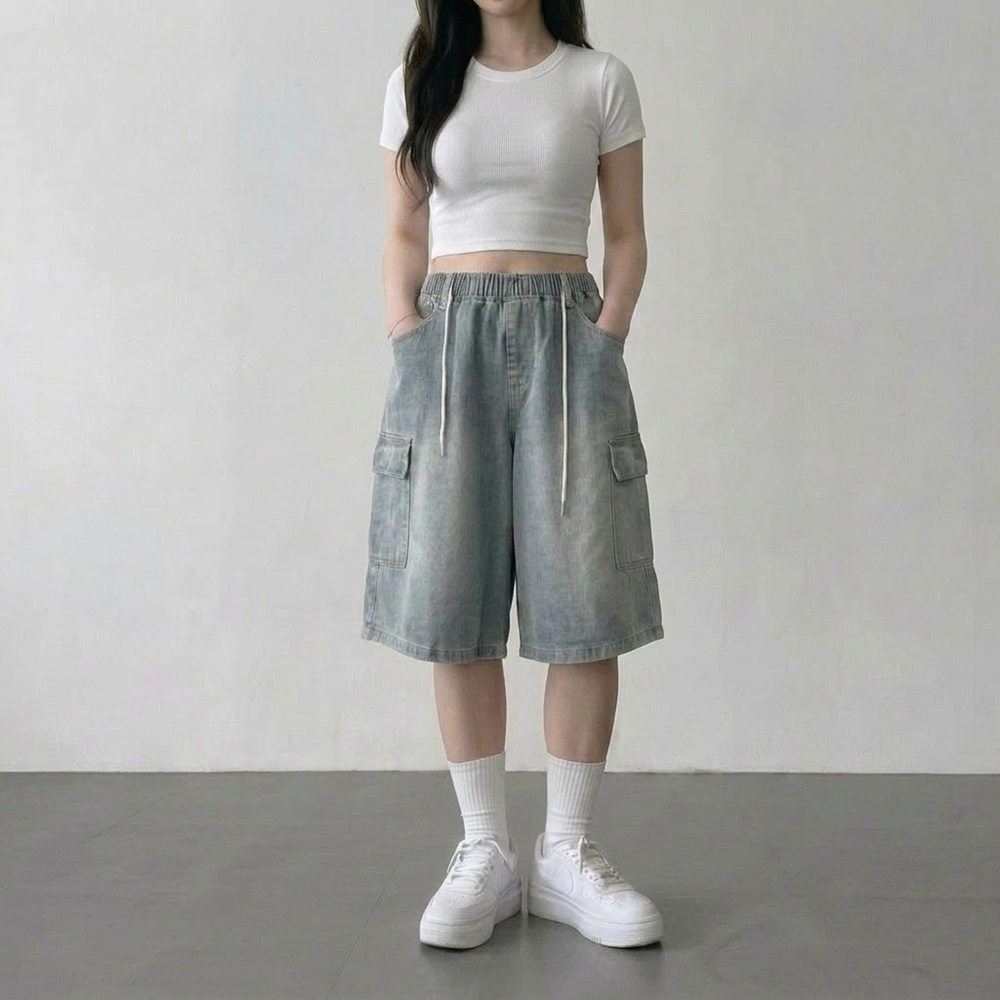 버뮤다청반바지 데님버뮤다팬츠 7부청바지 밴딩청반바지 - 상세 이미지 5
