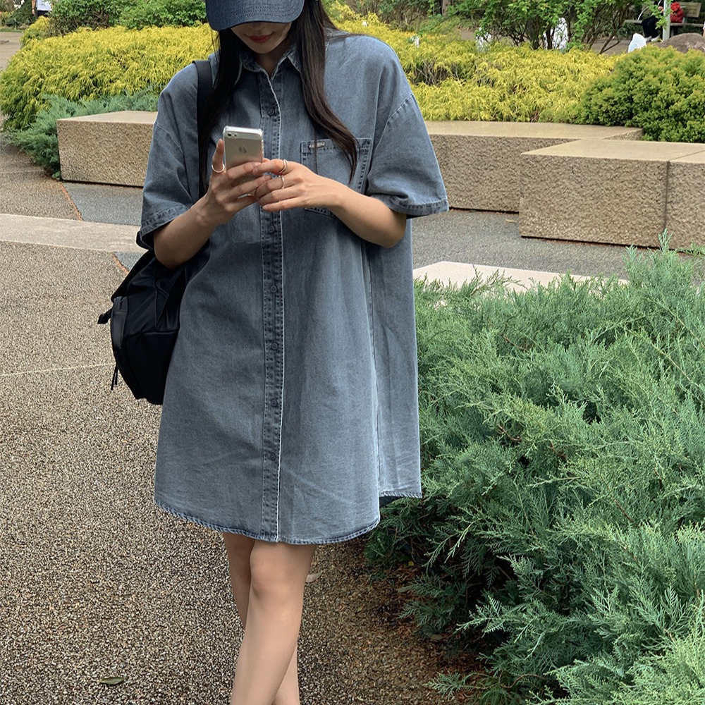 프론트 포켓 코튼 데님 반팔 셔츠 원피스 이미지 8
