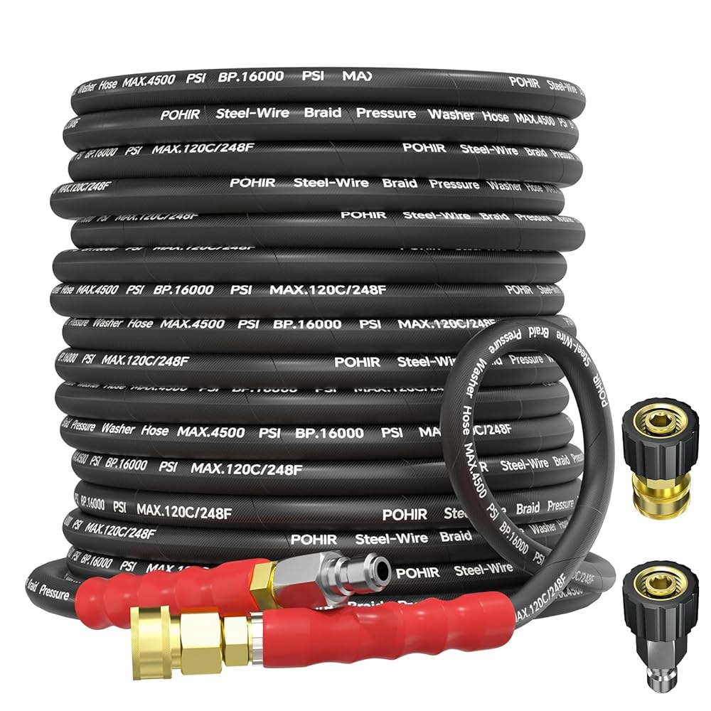 POHIR 3/8인치 압력 세척 호스 4500PSI, 스위블 퀵 커넥트 및 M22 어댑터 세트가 포함된 70피트 파워 스틸 와이어, 상업용 등급의 산업용 고압수 - 상품 이미지