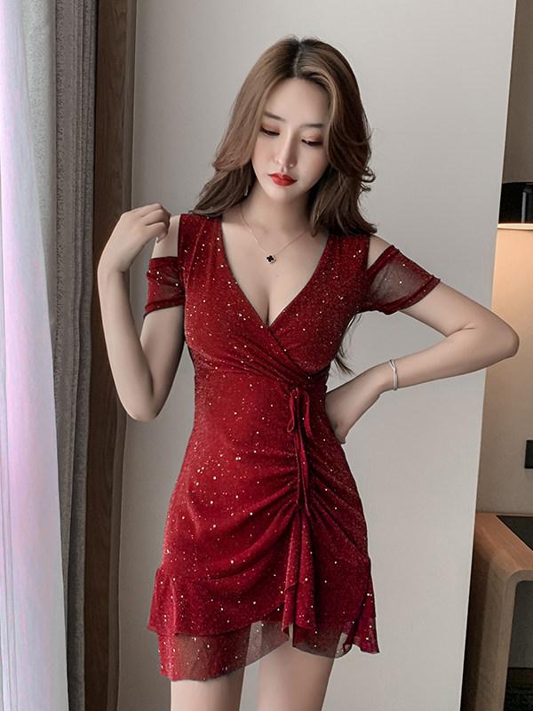 오프숄더반짝이원피스 라인댄스복 라틴댄스복 반짝이 - 상세 이미지 3
