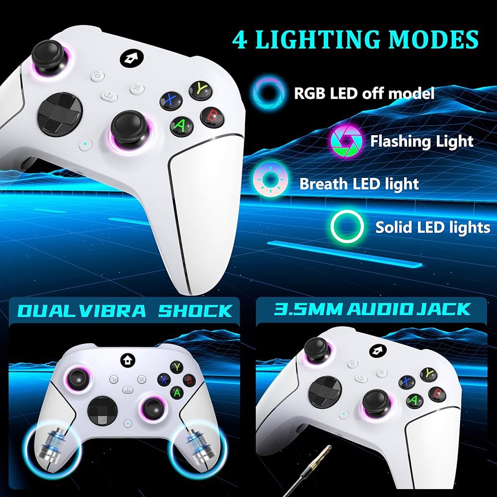 유유 무선 2.4GHz 컨트롤러, 7가지 색상 RGB 조명, Xbox One Series X|S, 콘솔, Steam PC Windows, 1000mAh 배터리 / 듀얼 진동 터보 - 상세 이미지 3