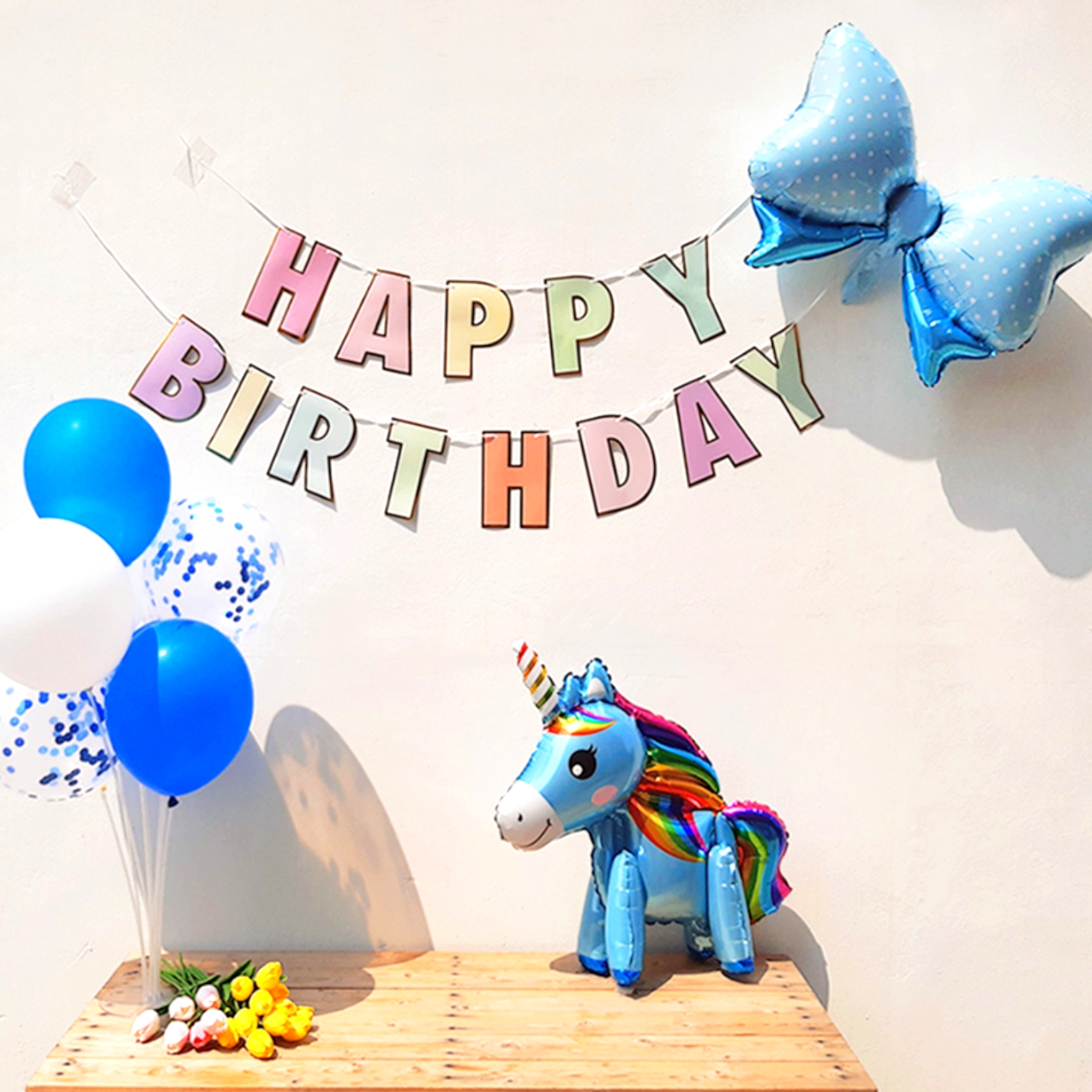 블루톤생일축하가랜드 컨페티풍선파티용품 유니콘풍선생일가랜드 - 상품 이미지