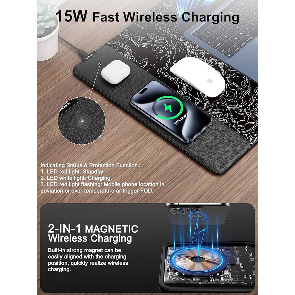 15W 고속 무선 충전 기능을 갖춘 탑메이드 마우스 패드, 31.5 x15.75 XXL 대형 게이밍 방수 책상 초매끄러운 표면, 미끄럼 방지 베이스, 컴퓨터 매트, 블랙 지형도 - 상세 이미지 2