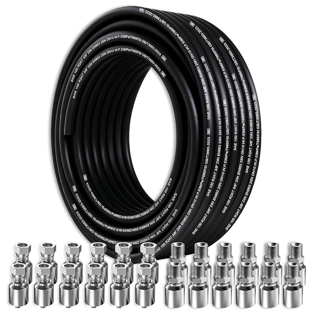 100피트 3/8인치 유압 호스(24Pc 피팅 포함), 4780Psi 코일 라인(고장력 강철 와이어 브레이드 2개 고무 유연 오일 호스 -20 C ~ 140 - 상품 이미지