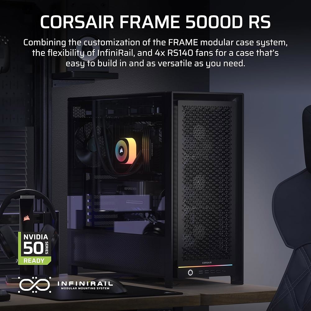CORSAIR 프레임 5000D RS 모듈식 고풍량 미드 타워 PC 케이스 u2013 4X 프리 인스톨 팬, 인피니레일 팬 장착 시스템, GPU 안티색, ASUS BTF, MSI - 상세 이미지 2