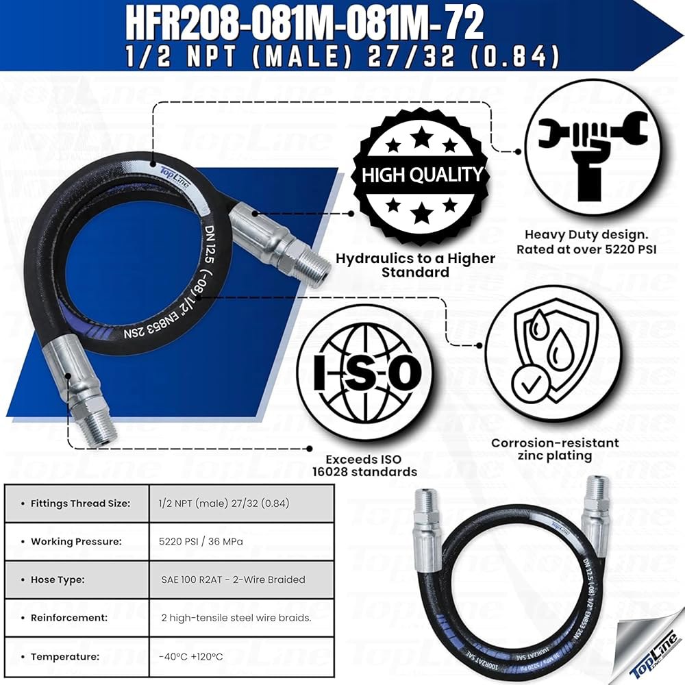 1/2 유압 호스 어셈블리 72인치 u2013 남성 NPT x NPT, 5,220 PSI, SAE 100 R2AT, 2와이어 브레이드, 내유성 고무, 고강도 고압 라인 | 모델 - 상세 이미지 3