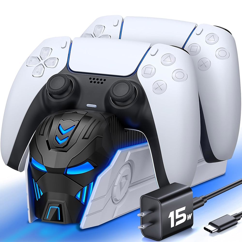 고속 충전 AC 어댑터가 장착된 PS5 컨트롤러 충전기용 업그레이드, PlayStation 5용 듀얼 스테이션 스탠드, 4용 도킹 케이스 스토리지 Black and White - 상품 이미지